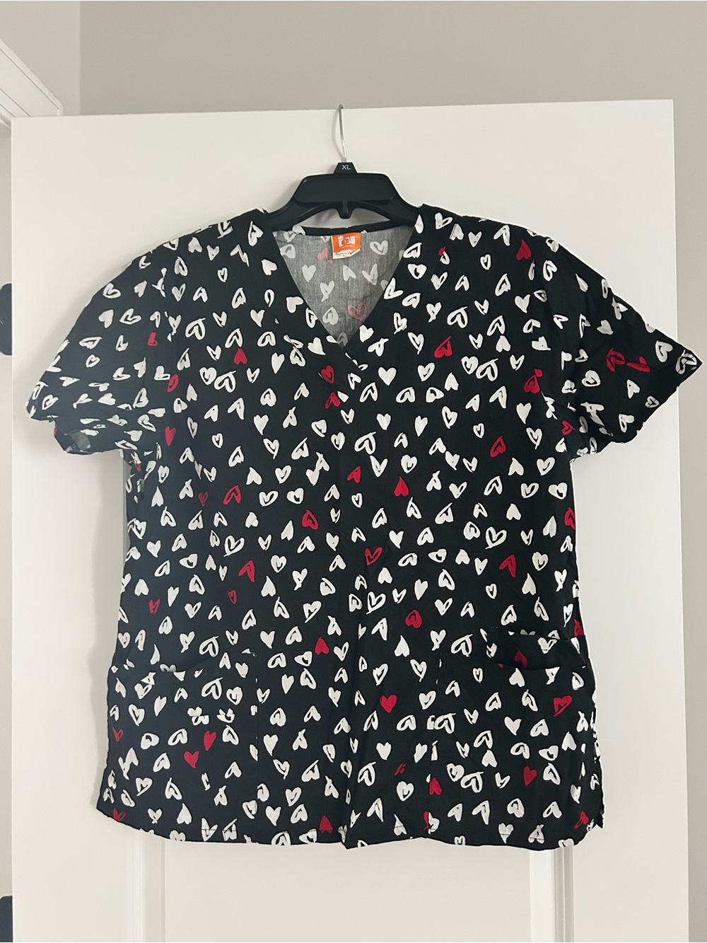 Heart-Print Black V-Neck Scrub Top